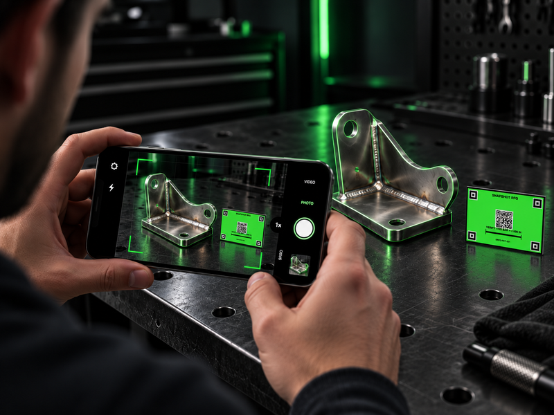 Operator capturing a metal weldment and Snapshot RFQ calibration target with a phone
