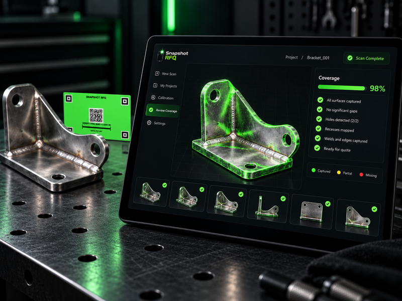 Snapshot RFQ coverage review screen with scanned metal weldment