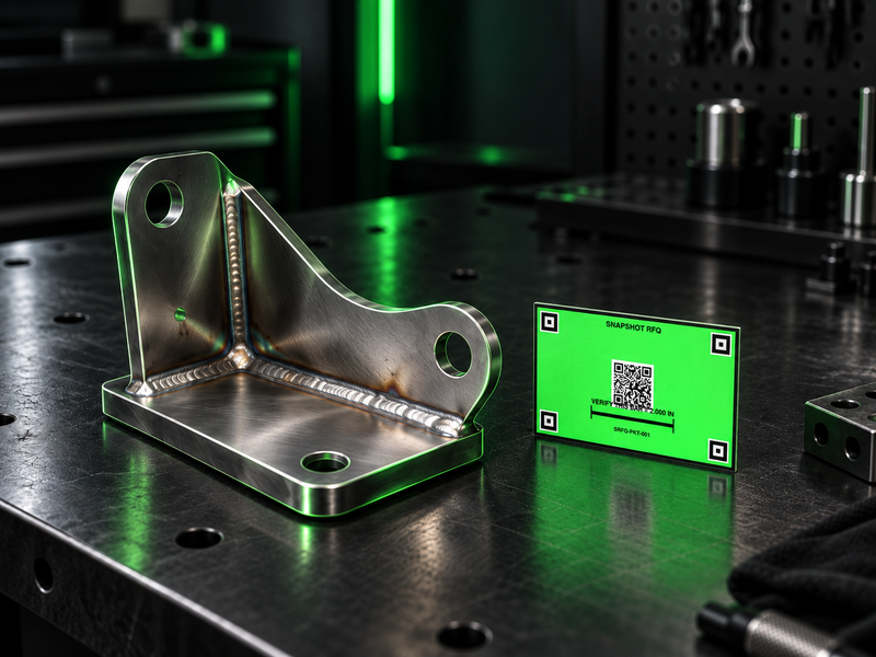 Snapshot RFQ calibration target placed beside a metal weldment